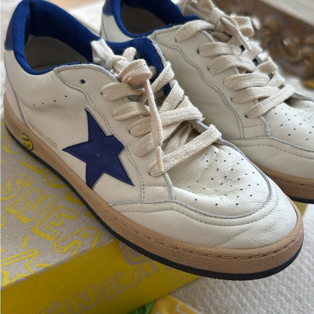 White Leather Sneakers with Blue Star Accent
